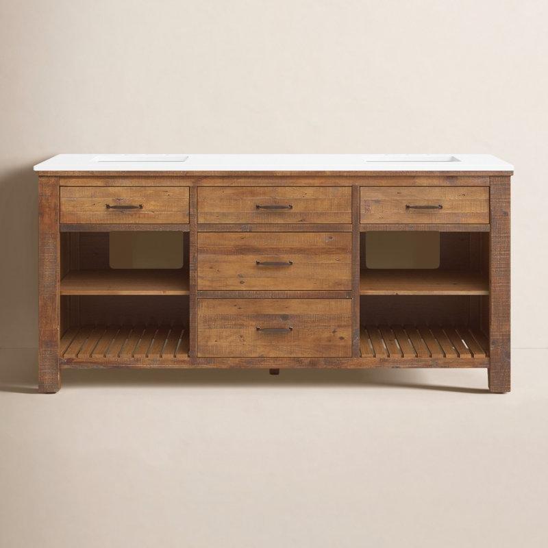 Kuvars Tezgahlı Vintage Çam Masif Ahşap Ayaklı Çekmeceli İkili Banyo Lavabo Dolabı - 183 cm - 198797