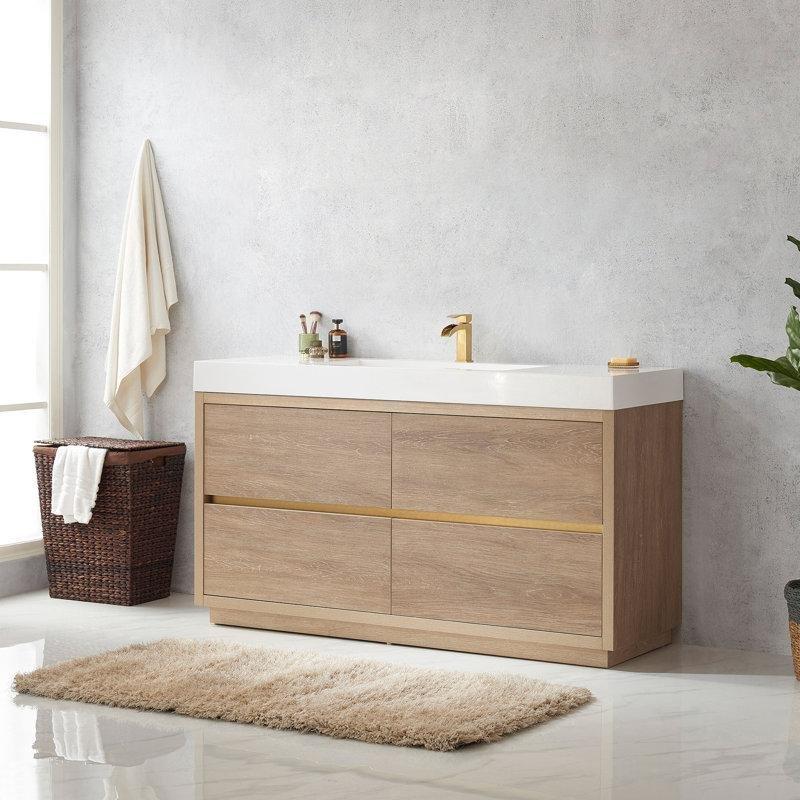 Kuzey Amerika Meşesi PVC Kompozit Tezgahlı 4 Çekmeceli Ayaklı Banyo Lavabo Dolabı - 152 cm - 197806