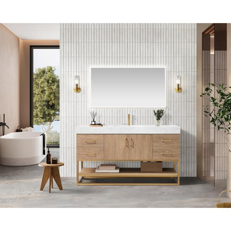 Kuzey Amerika Meşesi Rengi Endüstriyel Taş Tezgahlı 4 Çekmeceli Dahili Prizli Banyo Lavabo Dolabı - 153 cm - 199873