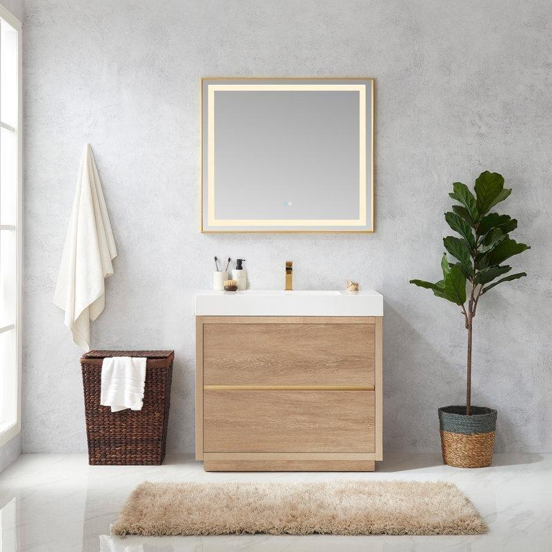 Kuzey Amerika Meşesi Rengi Kompozit Tezgahlı Ayaklı Çift Çekmeceli Banyo Lavabo Dolabı - 91 cm - 200631