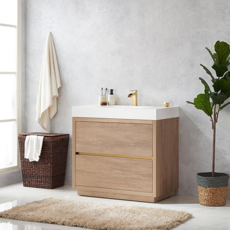 Kuzey Amerika Meşesi Rengi Kompozit Tezgahlı Ayaklı Çift Çekmeceli Banyo Lavabo Dolabı - 91 cm - 200631