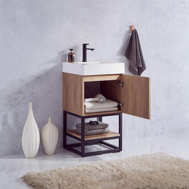 Kuzey Amerika Meşesi Rengi Paslanmaz Çelik Ayaklı Yapay Taş Tezgahlı Raflı Banyo Lavabo Dolabı - 45 cm - 202014