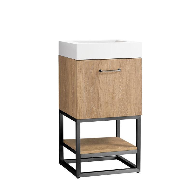 Kuzey Amerika Meşesi Rengi Paslanmaz Çelik Ayaklı Yapay Taş Tezgahlı Raflı Banyo Lavabo Dolabı - 45 cm - 202014