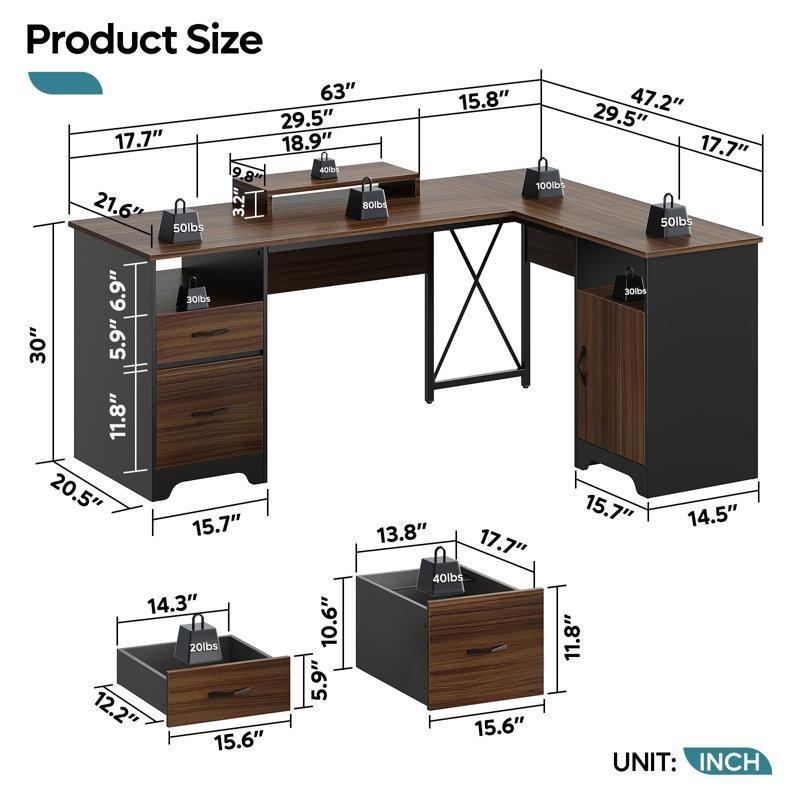 L Tipi Çekmeceli Kabinli ve Monitör Standlı Ahşap Ofis Masası - 161 cm - 176962