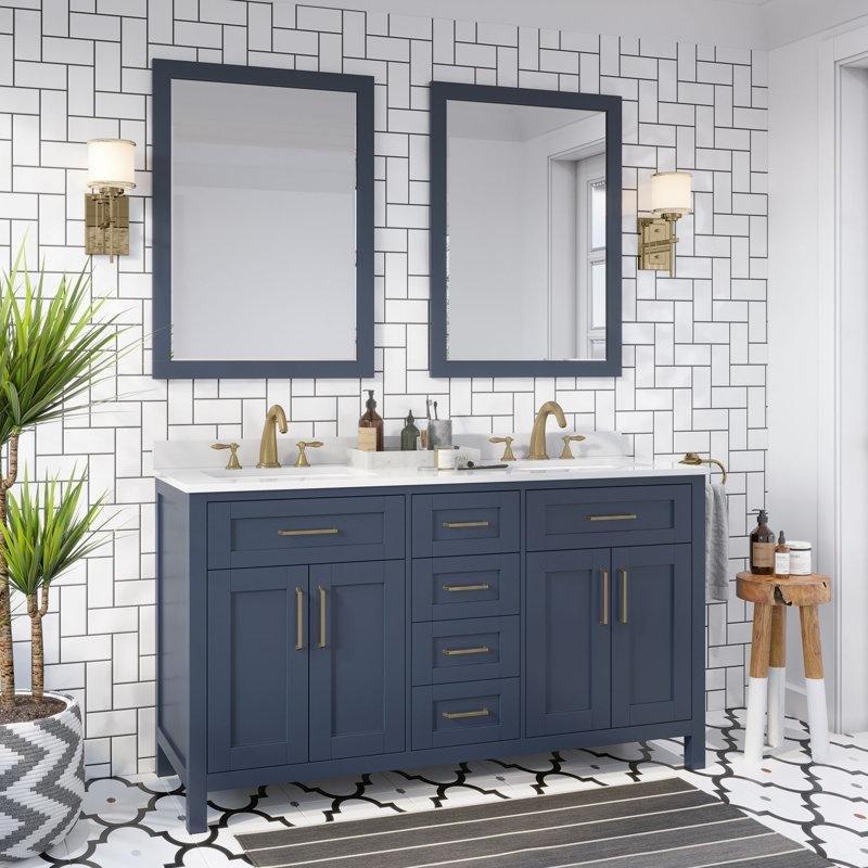 Lacivert Ahşap Aynalı Çift Lavabolu Banyo Lavabo Dolabı - 153 cm - 201256