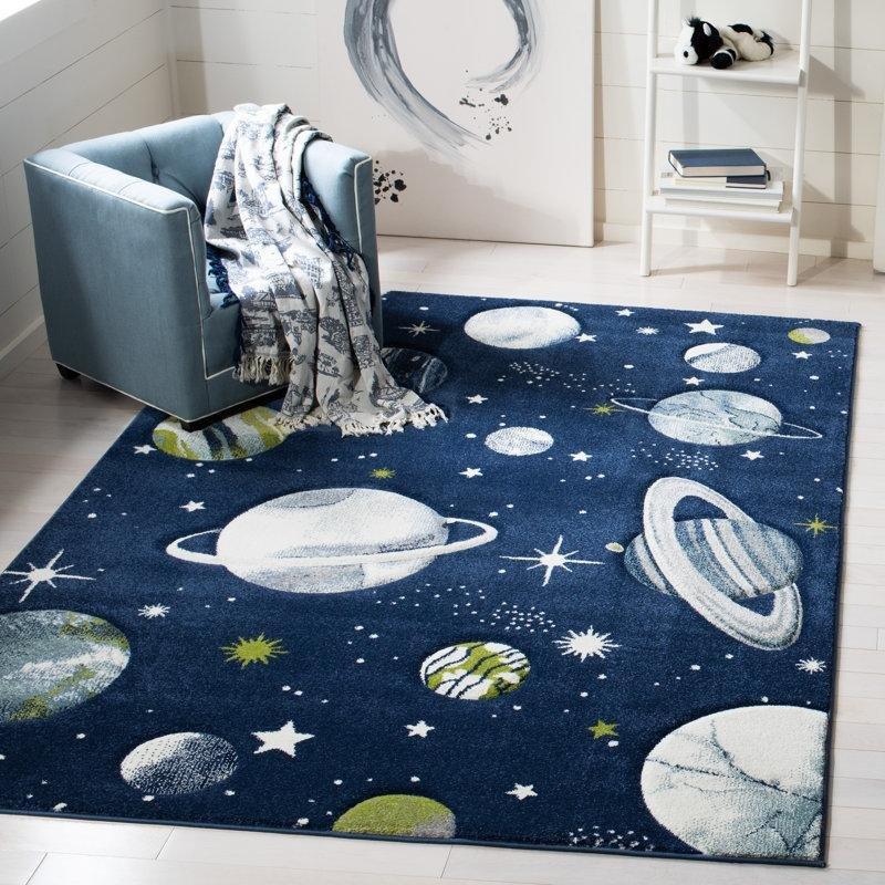 Lacivert Fildişi Astroloji Temalı Kaymaz Tabanlı Leke Tutmaz Oyun Halısı - 161x229 cm - 182662