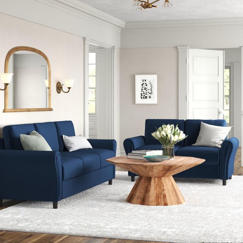 Lacivert Kadife Ahşap Ayaklı Yuvarlak Kollu Koltuk Takımı - 192385