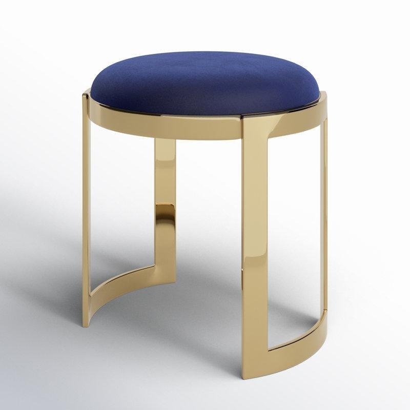 Lacivert Kadife Gold Metal Kızak Ayaklı Yuvarlak Makyaj Masası Pufu - 233883