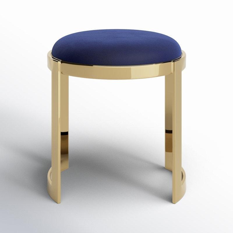 Lacivert Kadife Gold Metal Kızak Ayaklı Yuvarlak Makyaj Masası Pufu - 233883