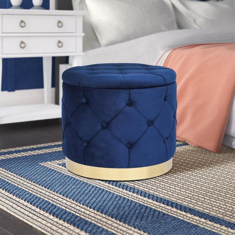 Lacivert Kadife Kapitoneli Saklama Alanlı Yuvarlak Makyaj Masası Pufu - 49 cm - 232700