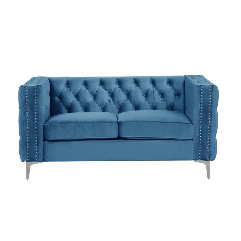 Lacivert Kadife Metal Ayaklı Kapitoneli İkili Koltuk - 155 cm - 205809