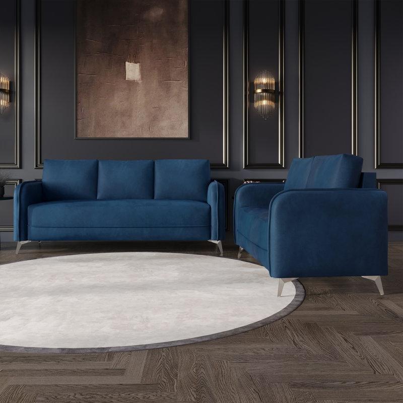 Lacivert Kadife Metal Ayaklı Kavisli Kollu Koltuk Takımı - 191922