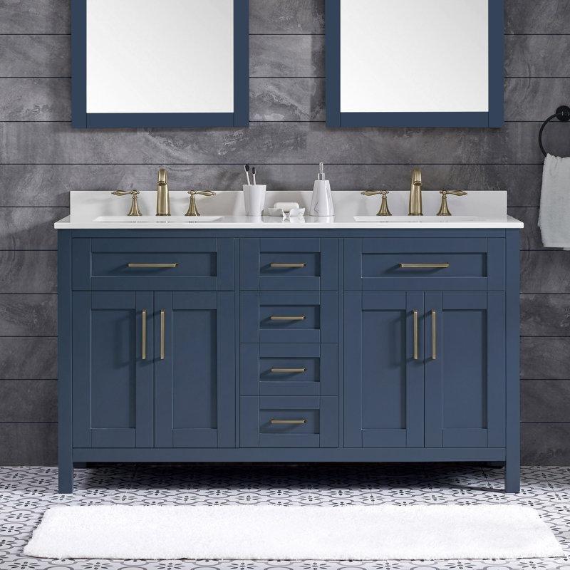 Lacivert Masif Ahşap Çift Lavabolu Carrara Desenli Tezgahlı Banyo Lavabo Dolabı - 153 cm - 201054