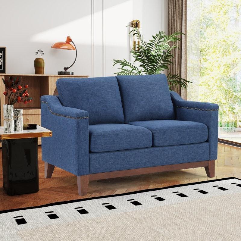 Lacivert Masif Ahşap Çivi Detaylı Kare Kolçaklı İkili Koltuk - 127 cm - 207391