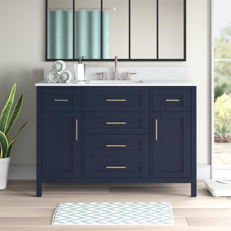 Lacivert Masif Ahşap Endüstriyel Mermer Tezgahlı Çekmeceli Banyo Lavabo Dolabı - 122 cm - 200792