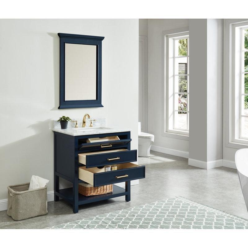 Lacivert Masif Ahşap Mermer Tezgahlı Çekmeceli Banyo Lavabo Dolabı - 79 cm - 200223