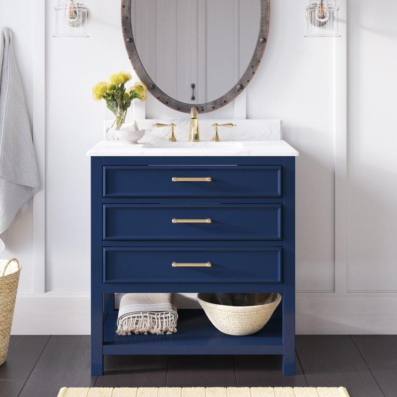 Lacivert Masif Ahşap Mermer Tezgahlı Çekmeceli Banyo Lavabo Dolabı - 79 cm - 200223