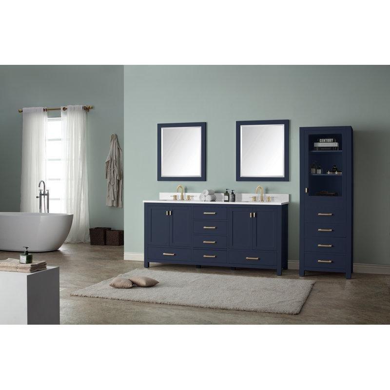 Lacivert Masif Ahşap Mermer Tezgahlı Çift Lavabolu Yavaş Kapanır Banyo Lavabo Dolabı - 155 cm - 199039