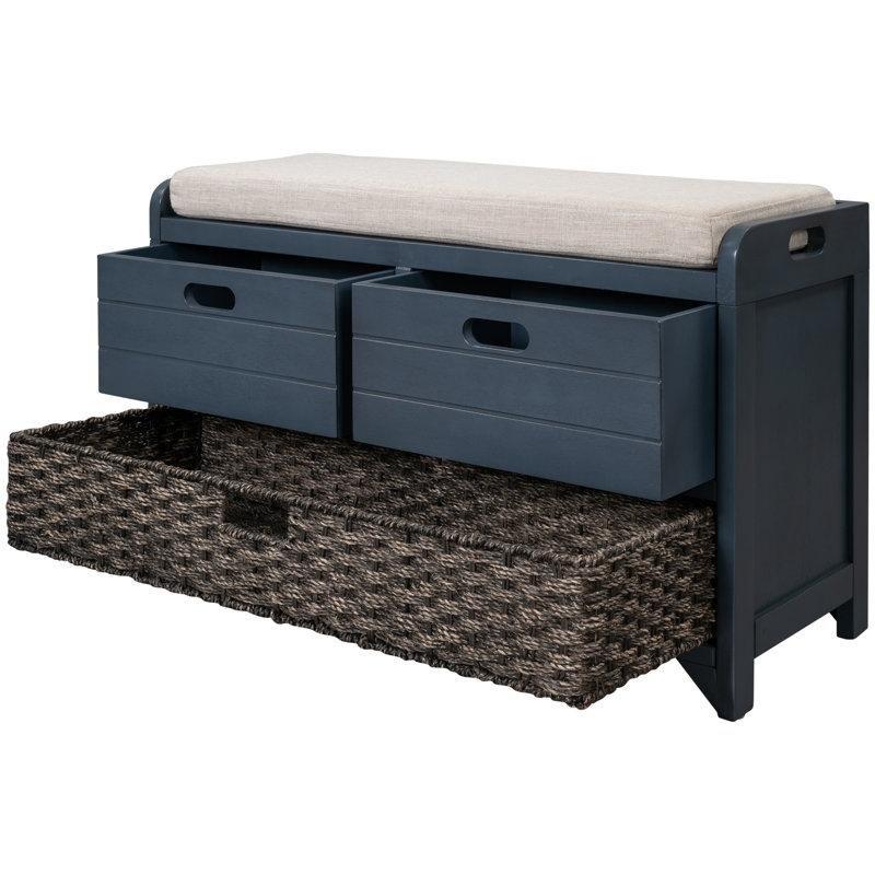 Lacivert Masif Akasya Ağacı Çekmeceli ve Sepetli Sandıklı Antre Pufu - 82x30x51 cm - 164875