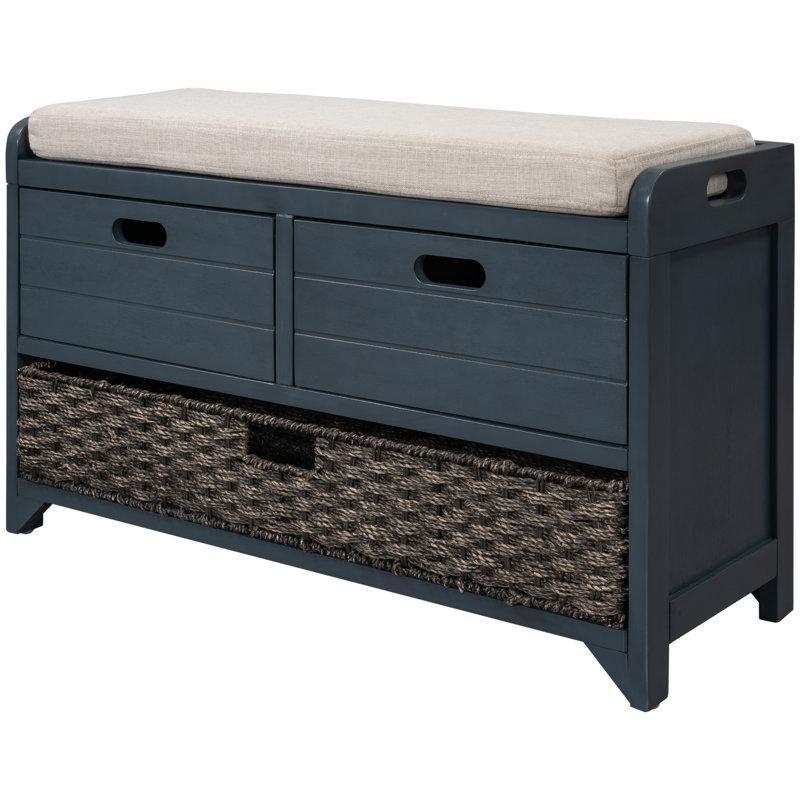 Lacivert Masif Akasya Ağacı Çekmeceli ve Sepetli Sandıklı Antre Pufu - 82x30x51 cm - 164875