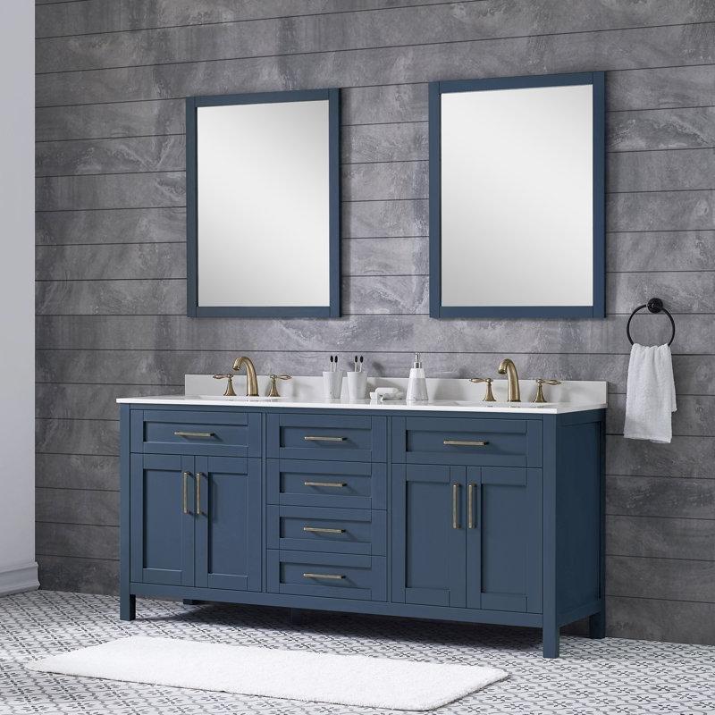 Lacivert Masif ve Endüstriyel Ahşap Çift Lavabolu Aynalı Banyo Dolabı Seti - 183 cm - 202252