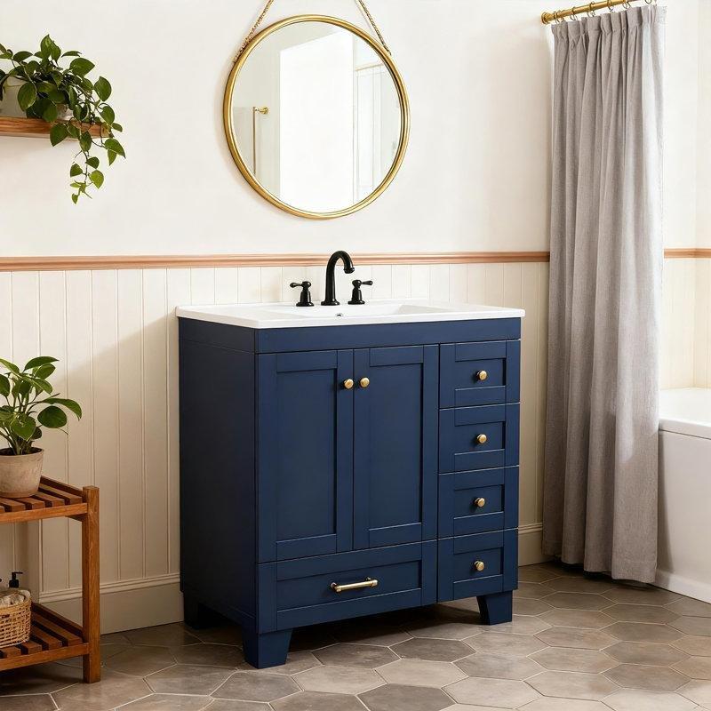 Lacivert Masif ve MDF Dahili Lavabolu Çekmeceli Banyo Dolabı - 77 cm - 198132