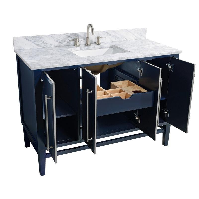 Lacivert Mermer Tezgahlı Masif Ahşap Aynalı Çekmeceli Banyo Lavabo Dolabı - 125 cm - 200393