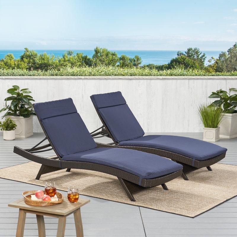 Lacivert Minderli Kahverengi Rattan Ayarlanabilir 2li Set Şezlong - 70x202 cm - 171457