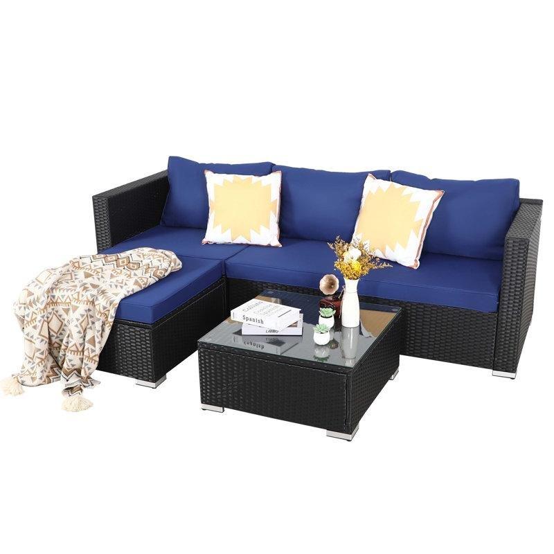 Lacivert Minderli Siyah Rattan Modüler 4 Kişilik Bahçe Takımı - 215x128 cm - 209277