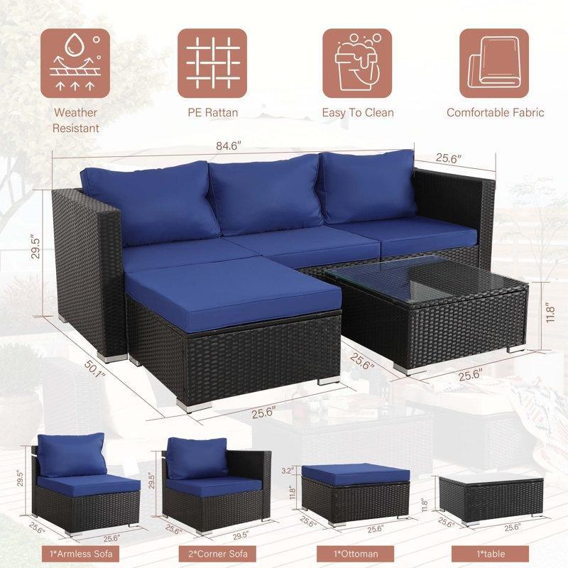 Lacivert Minderli Siyah Rattan Modüler 4 Kişilik Bahçe Takımı - 215x128 cm - 209277