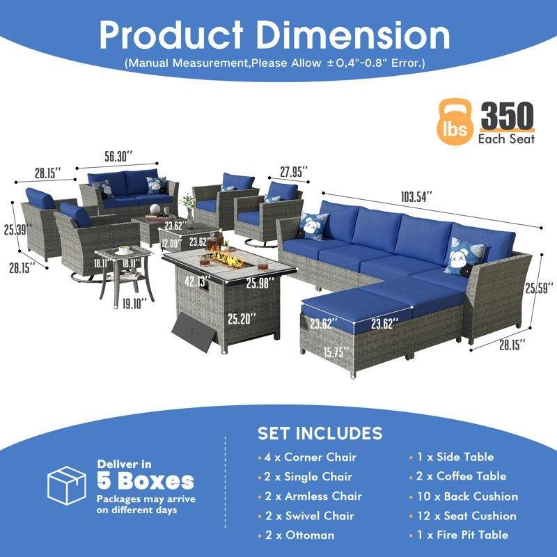 Lacivert Rattan Ateş Çukurlu ve Döner Koltuklu 10 Kişilik Modüler Bahçe Takımı - 211136