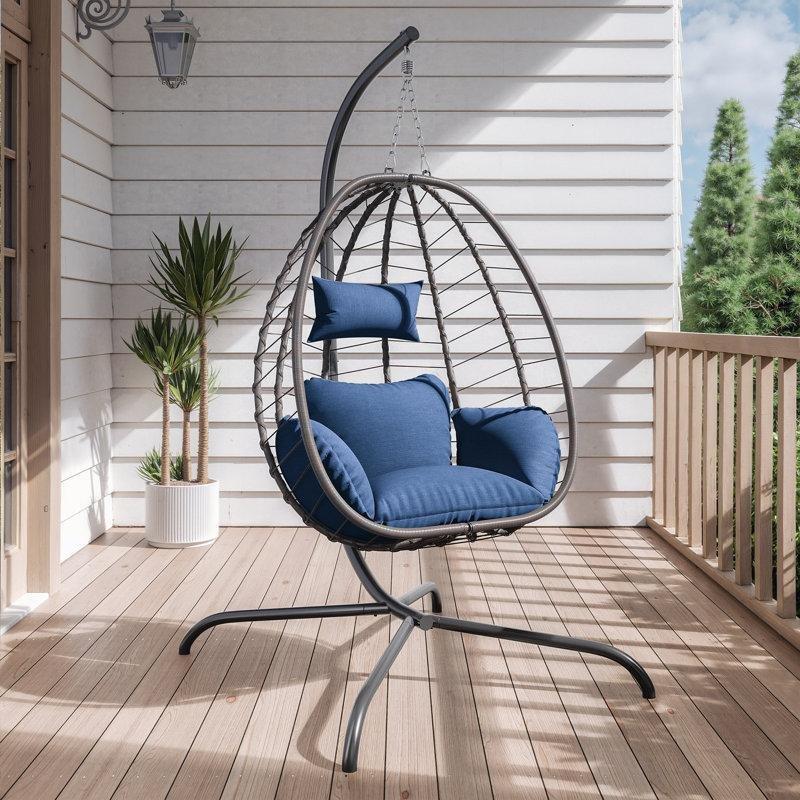 Lacivert Rattan Metal Ayaklı Su Geçirmez Minderli Balkon Salıncağı - 174229