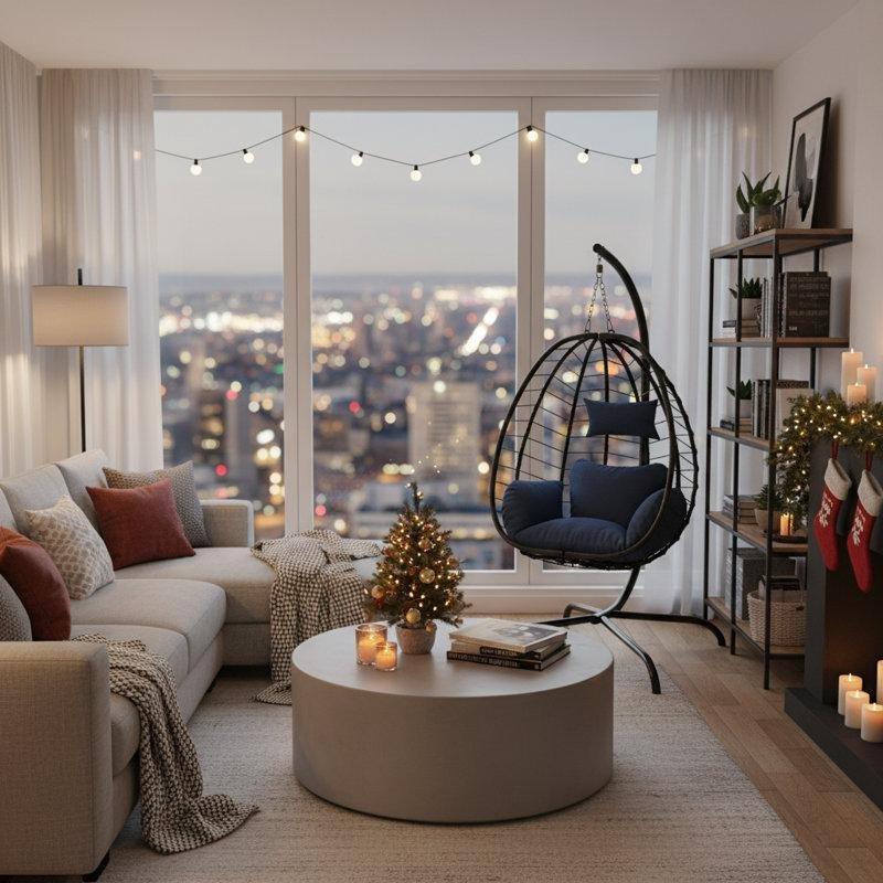 Lacivert Rattan Metal Ayaklı Su Geçirmez Minderli Balkon Salıncağı - 174229