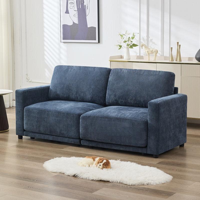 Lacivert Şönil Kumaş Kare Kollu İkili Koltuk - 197 cm - 205854