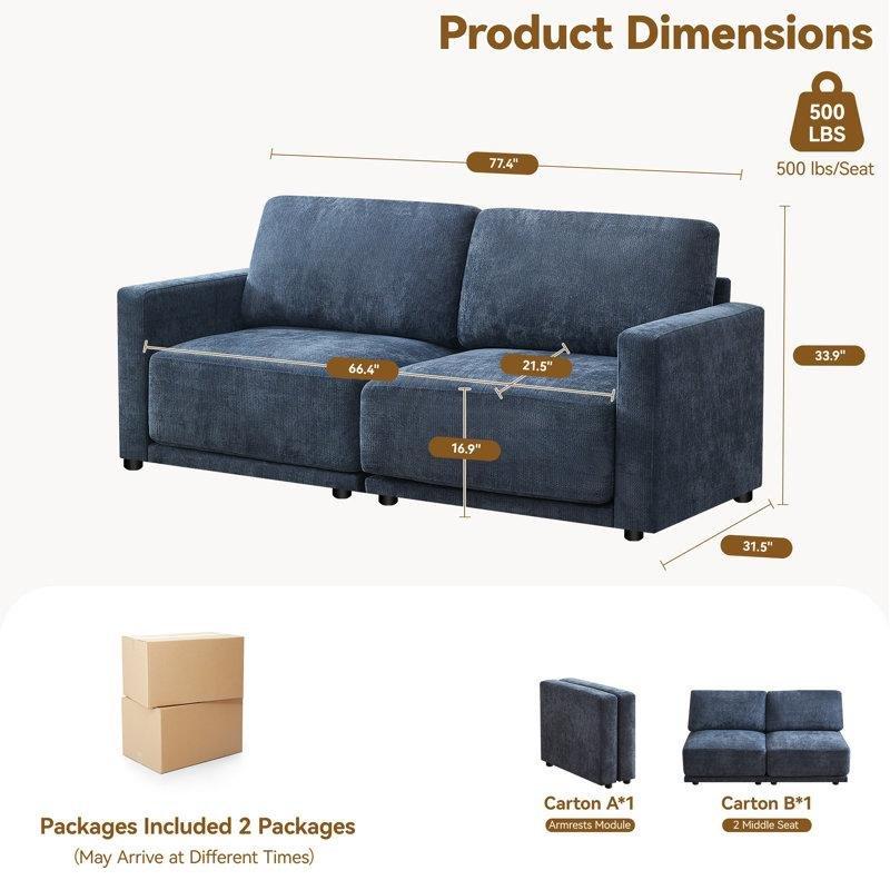 Lacivert Şönil Kumaş Kare Kollu İkili Koltuk - 197 cm - 205854