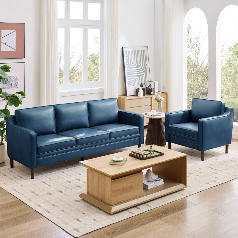 Lacivert Suni Deri Masif Ahşap Ayaklı Koltuk Takımı - 191284