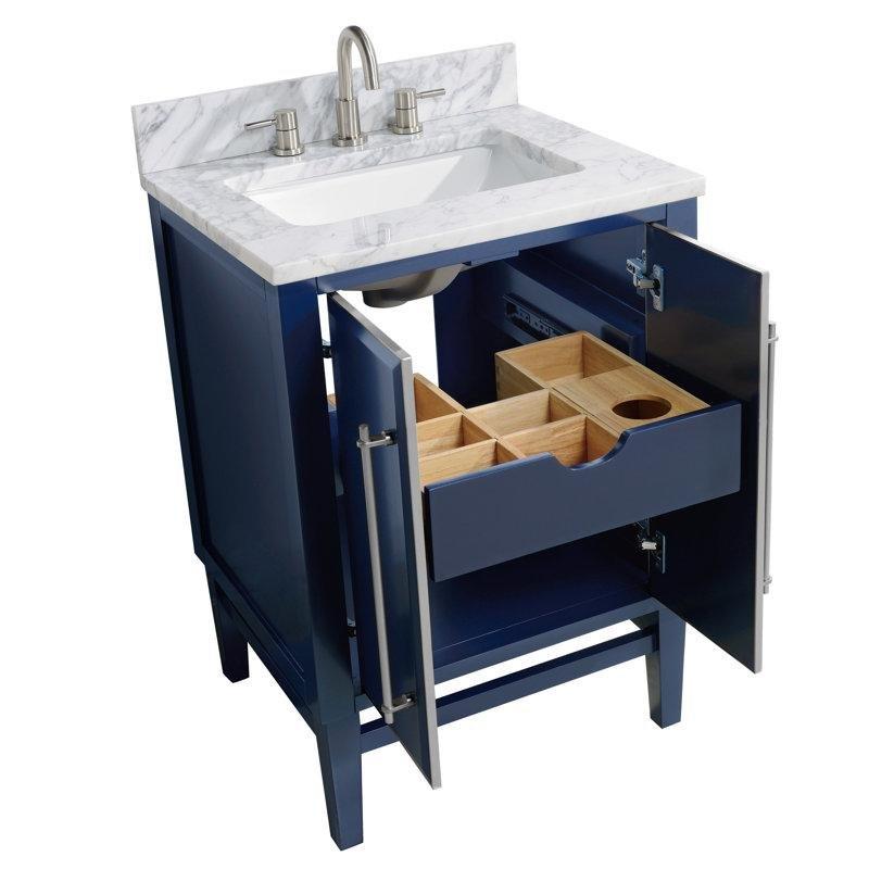 Lacivert ve Gold Mermer Tezgahlı Masif Huş Ağacı Aynalı Banyo Lavabo Dolabı - 64 cm - 200326