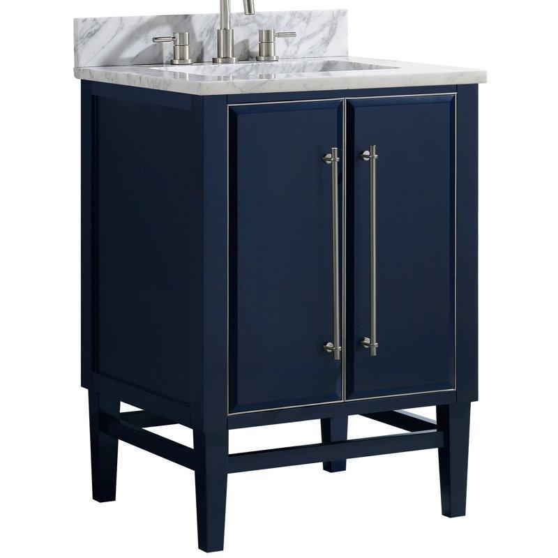 Lacivert ve Gold Mermer Tezgahlı Masif Huş Ağacı Aynalı Banyo Lavabo Dolabı - 64 cm - 200326