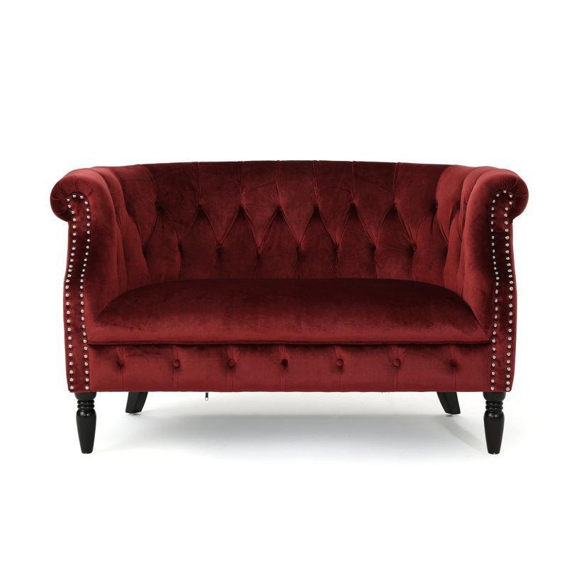Lal Rengi Kadife Kapitoneli Zımba Detaylı Chesterfield İkili Koltuk - 131 cm - 195558