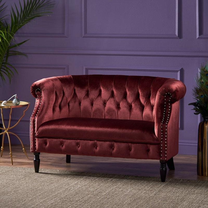 Lal Rengi Kadife Kapitoneli Zımba Detaylı Chesterfield İkili Koltuk - 131 cm - 195558