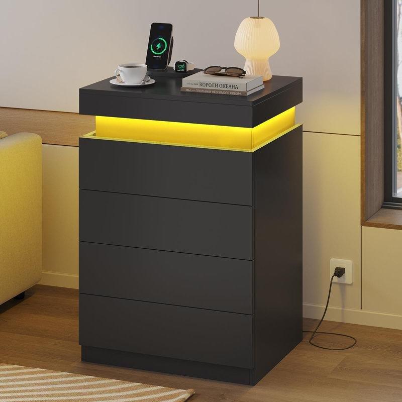 LED Işıklı ve Şarj İstasyonlu 4 Çekmeceli MDF Yüksek Komodin - 223668