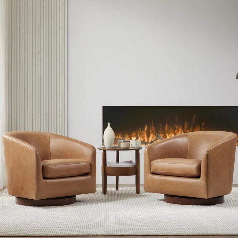 Marsilya Kahverengi Hakiki Deri Döner Fıçı Tasarım Tekli Koltuk 2li Set - 204725