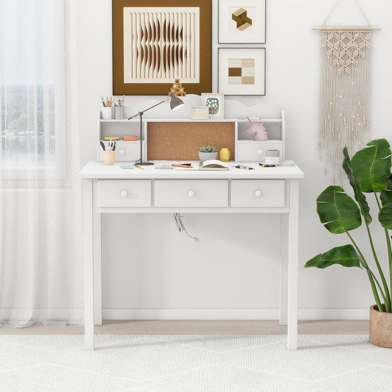 Masif Ahşap Ayaklı 3 Prizli 5 Çekmeceli Mantar Panolu Vintage Çalışma Masası - 92 cm - 234676