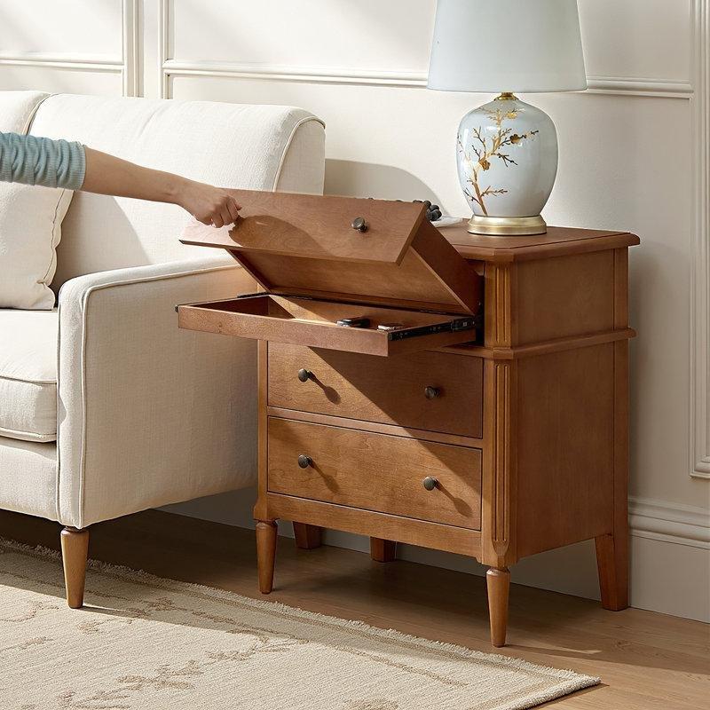 Masif Ahşap Ayaklı Dahili Prizli Gizli Bölmeli Üç Çekmeceli Komodin - 72 cm - 222834