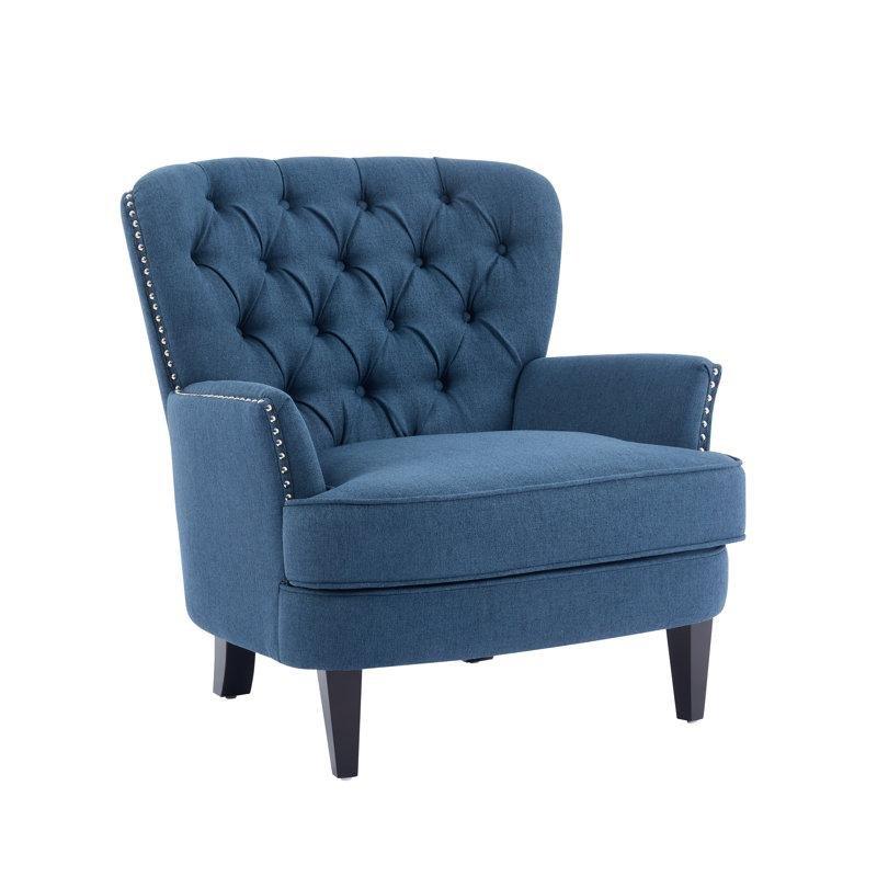 Masif Ahşap Ayaklı Düğme Detaylı Zımba Şeritli Polyester Tekli Koltuk - 86x89 cm - 204287