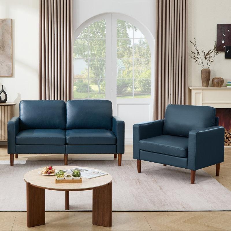 Masif Ahşap Ayaklı Mavi Suni Deri Mid-Century Modern Koltuk Takımı - 191976