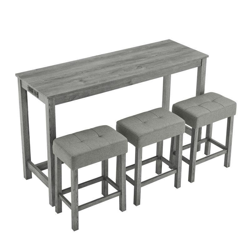 Masif Ahşap Dahili Priz ve USBli 3 Tabureli Bar Masası Seti - 150 cm - 231614