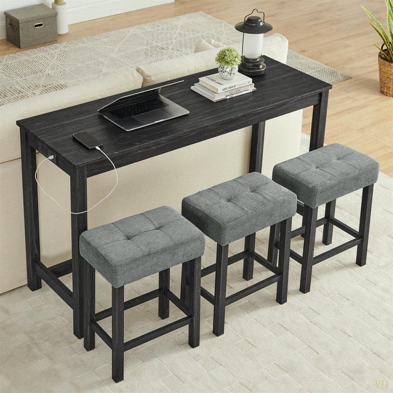 Masif Ahşap Dahili Prizli 3 Tabureli Bar Masası Seti - 150 cm - 231523