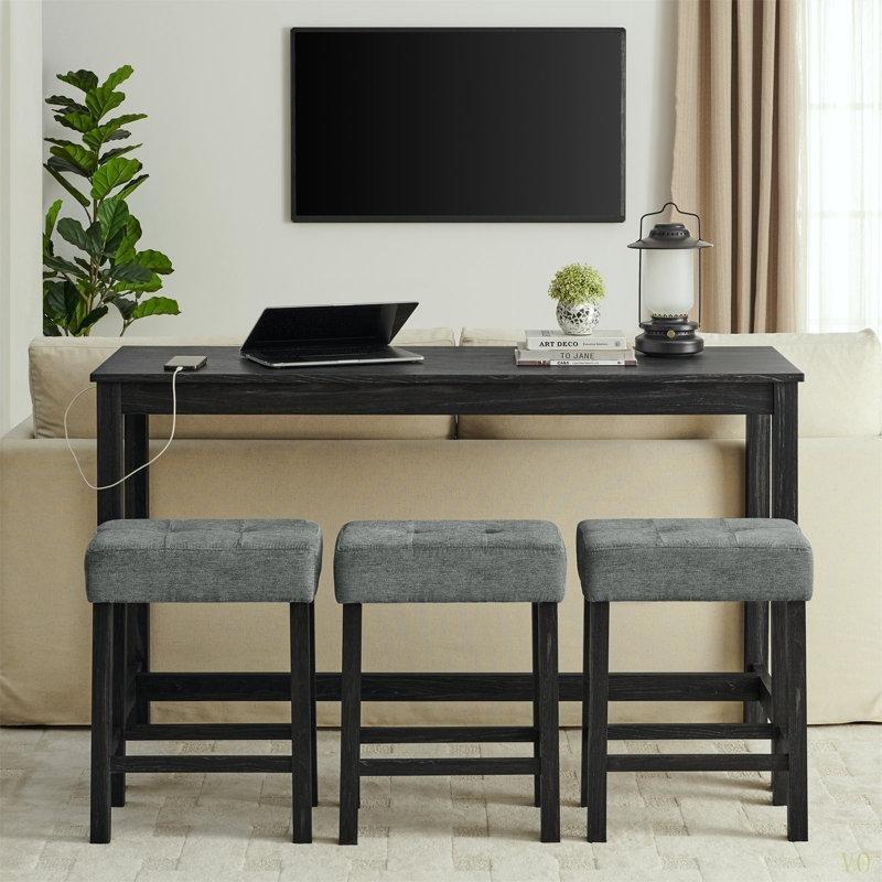 Masif Ahşap Dahili Prizli 3 Tabureli Bar Masası Seti - 150 cm - 231523