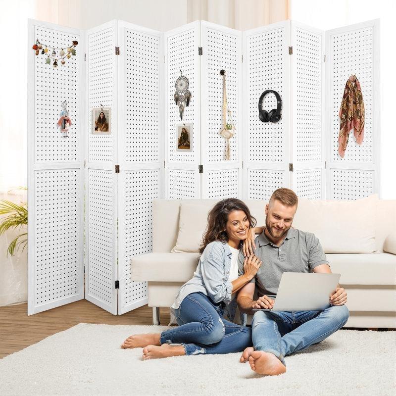 Masif Ahşap Delikli Pano Tasarımlı Katlanır Paravan - 171x326 cm - 184717